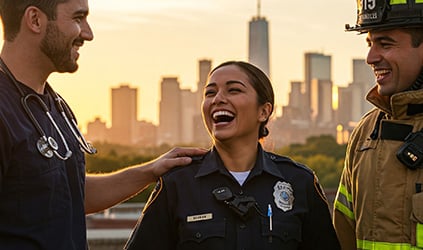 First responders smiling outdoors at sunset