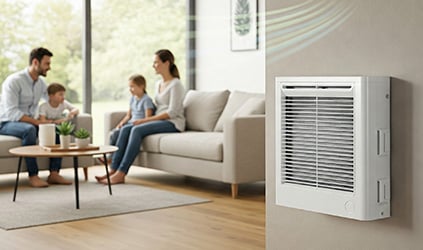 Whole-home air purifier unit in living room Whole-home air purifier unit in living room