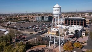 Downtown Gilbert, AZ overhead view with water tower.