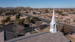 Aerial view of San Tan Valley, AZ with a church steeple.